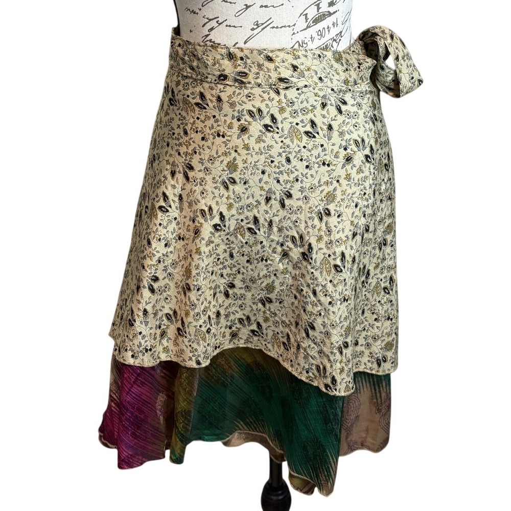 Reversible Silk Wrap Skirt Boho Floral Paisley Multicolor OS 21" L